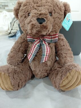 Plush Brown Teddy Bear with Plaid Bow